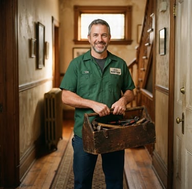 A friendly local handyman in a clean forest green work shirt, holding a classic wooden toolbox, standing in a warm-lit historic hallway, 35mm film look