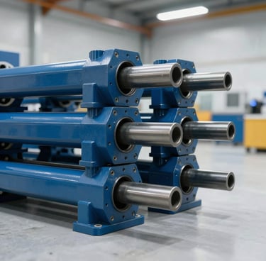 Close-up shot of heavy-duty trailer axles stacked neatly in a bright, modern warehouse, industrial blue steel finish, cleanroom white background, professional commercial lighting.