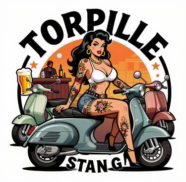 Tattooed pin-up girl sitting on vintage scooters with Torpille logo and retro bar background.