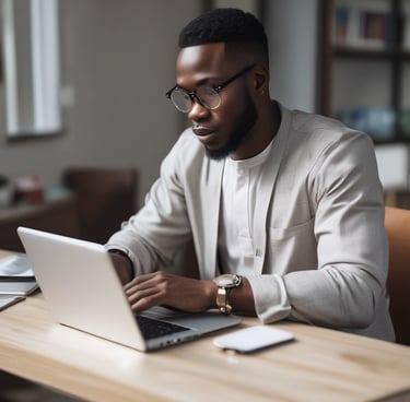 A happy customer holding a repaired laptop with a bright smile in a cozy home office.