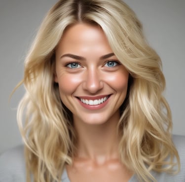 Close-up of a smiling woman with glowing skin in natural light