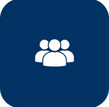 White community group icon of three people silhouettes on a dark blue background.