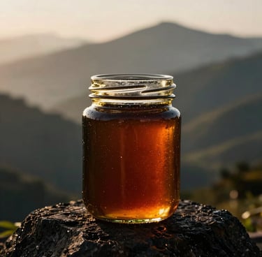 A professional dark glass jar of honey reflecting warm late-afternoon sunlight, lush misty mountains of Bonao in the soft-focus background, editorial luxury photography