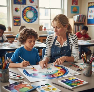 An elementary art teacher helps a young student learn color theory using a color wheel and paints.