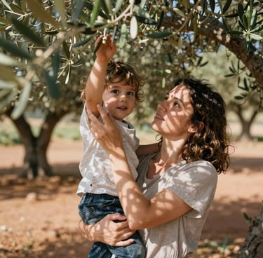 A vertical, intimate photograph of a mother and her child playing under olive trees in Southern Europe. Soft, natural sunlight filters through leaves, creating beautiful dappled light on their faces. Warm terracotta earth tones and dusty olive greens in a documentary style.