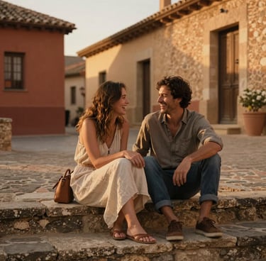 A cinematic, warm-toned lifestyle photograph of a couple laughing together, sitting on rustic stone steps in a historic village in Spain during late afternoon. The scene is bathed in golden light with terracotta and warm sand tones, evoking an intimate and authentic feeling.