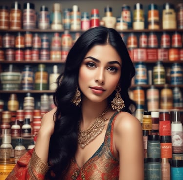 Close-up of a smiling woman with radiant skin holding a sleek serum bottle from Saakshira Beauty.