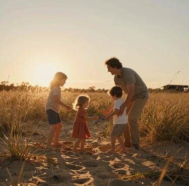 Candid shot of a family playing in a golden-hour field in the US, sun flare through tall grass, warm sand and terracotta tones, cinematic depth of field, authentic laughter.
