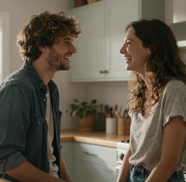 Authentic lifestyle photography of a young couple laughing together in a sun-drenched North American kitchen, soft morning light, candid cinematic atmosphere.