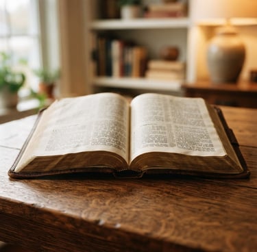 Open leather-bound King James Bible on a warm wooden table, pages open to a Pauline epistle, bathed in soft natural window light, shallow depth of field.
