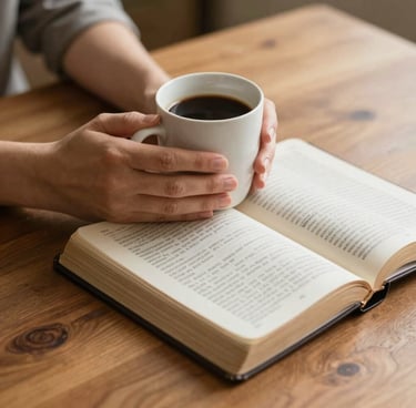 Close-up of hands holding a warm coffee mug and an open King James Bible on a wooden table, with handwritten notes visible, bathed in soft domestic lamplight.