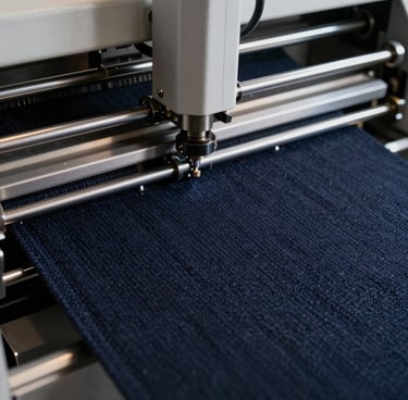 Vertical close-up of a high-precision automatic fabric cutting machine slicing through structured dark navy wool, sharp industrial lighting.
