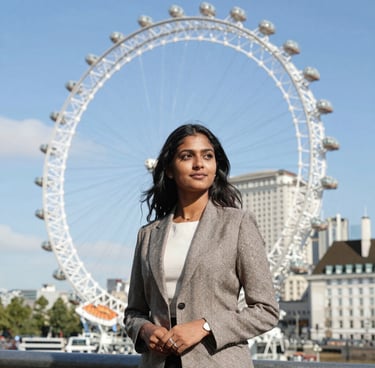 Portrait of a confident Indian female student aged around 25, smiling with a backpack in a university campus setting.