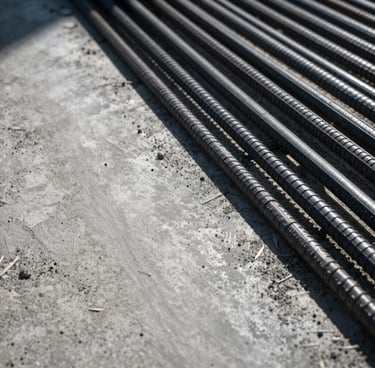 Close-up of freshly poured smooth concrete surface next to clean steel reinforcement bars, dramatic architectural side-lighting, high contrast, industrial premium feel, 35mm lens.