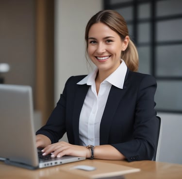 A smiling businesswoman reviewing marketing plans on a laptop in a modern office.