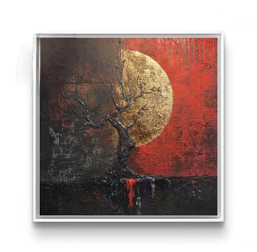 a painting of a tree with a red sky in the background