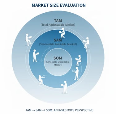 Visual explaining TAM, SAM, and SOM and how investors evaluate market size.