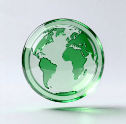 3D glassmorphism icon of a globe, for strategic global production.