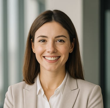 Advogada sorridente em escritório moderno de advocacia.