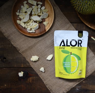 a bag of freeze dried fruit and durians on a table
