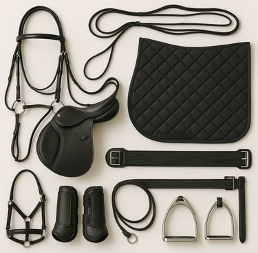 Equestrian horse riding gear including saddles, bridles and riding accessories