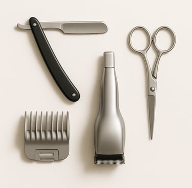 Barber and salon tools including clippers, razors and scissors for professional hair cutting, export