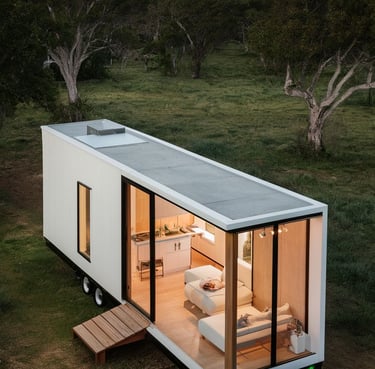 White tiny house on wheels with the lights on