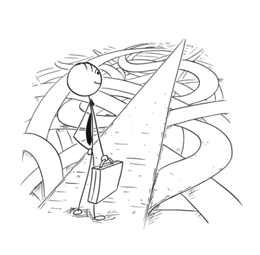 A man staring at a straight path with many confusing paths around it