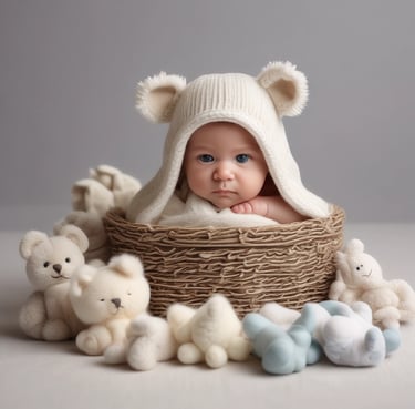 a baby in a basket with stuffed animals