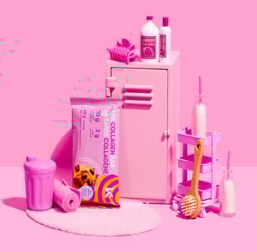 fitness locker with fitness accessories and peanut butter collagen bar on pink background