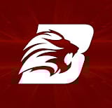 a red and white logo with a lion head