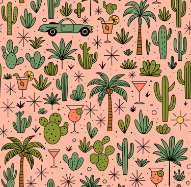A seamless pattern with tropical plants, cocktails & drinks on a peach background in flat style.