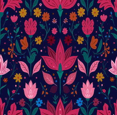 A seamless pattern with a variety of flowers and leaves in jewel tone colors on a dark background.