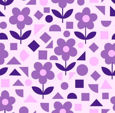 A seamless pattern featuring purple flowers and geometric shapes on a light purple background.
