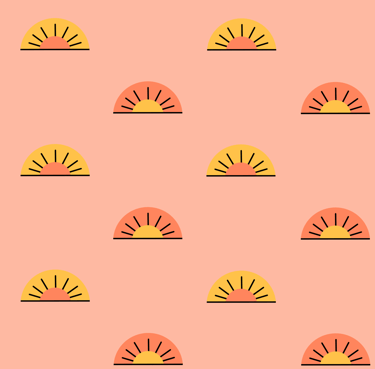 A seamless pattern with small yellow and orange suns on a peach background.