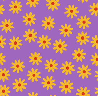 A seamless pattern with bright yellow flowers on a light purple background.
