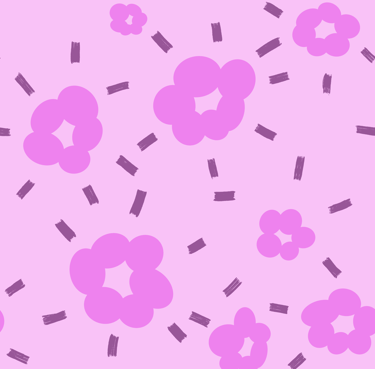 A seamless pattern with purple stripes and floral shapes on a light purple background. 