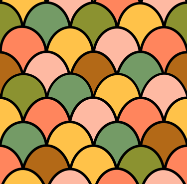 A seamless pattern with green, brown, yellow & peach scales on a light green background.