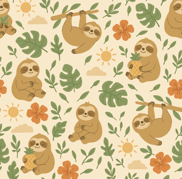 A seamless pattern with sloths, tropical leaves, hibiscus flowers, pineapples, and suns. 