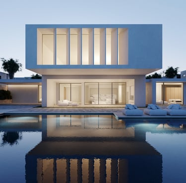 3D rendering of modern villa with minimalist architecture, large windows, clean lines, evening lighting, and sleek design.