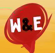 a red and white speech bubble logo