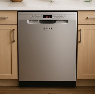 Bosch stainless steel dishwasher installed under a white quartz countertop in a modern kitchen
