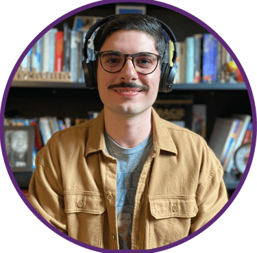 a man with headphones and headphones on a bookshelf