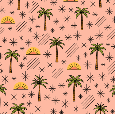 A seamless pattern with palm trees, suns and stars on a peach background. Drawn in a flat style.