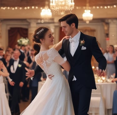 A joyful couple dancing at their wedding reception with DJ Cosmic in the background.