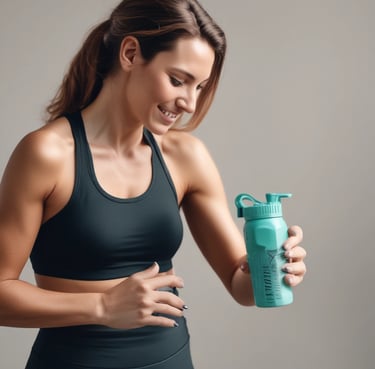A muscular man in a navy t-shirt holding a protein shaker bottle after a fitness workout.