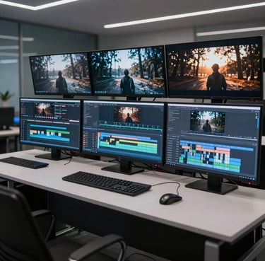A wide-angle shot of a sleek, modern video editing suite featuring multiple monitors displaying cinematic timelines.