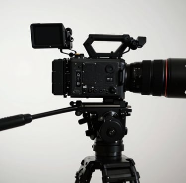 A high-end cinematic camera on a tripod silhouetted against a soft mist white studio background.