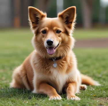 A happy dog sitting attentively next to its owner during a training session outdoors.