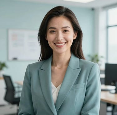 A professional headshot of a female logistics director in a Muted Teal blazer, looking confident and smiling. The background is a bright, clean office with Pale Blue accents.